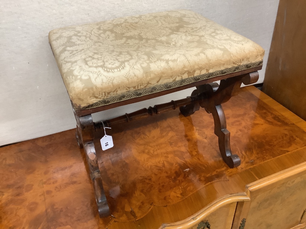 A Victorian rosewood X frame stool, width 46cm depth 40cm height 42cm